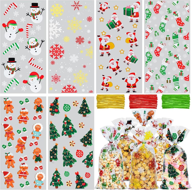 Twavang 120 Pcs Christmas Cellophane Treat Bags, Xmas Gift Candy Goodies Bags with 140 Pcs Twists for Snacks Cookies Packing (10.6 x 5.1 inches) - Image 1